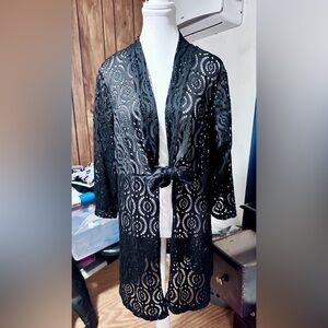 Catalina Swimwear Black Open Lace Swim Coverup w/ Tie Front Closure,, 2X